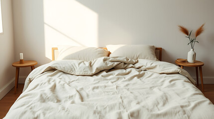Serene Minimalist Bedroom: Sunlight, Cozy Linen Bedding, and Tranquil Decor