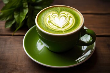 Green Coffee Cup with Delicious Caffe Latte and Latte Art. Enjoy the Perfectly Brewed Hot Drink with Milk and Caffeine, on a Plate and Saucer