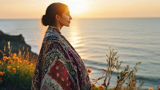 Serene Sunset Contemplation: A woman, wrapped in a vibrant patterned shawl, stands peacefully on a cliff overlooking a calm ocean at sunset, bathed in the golden light.