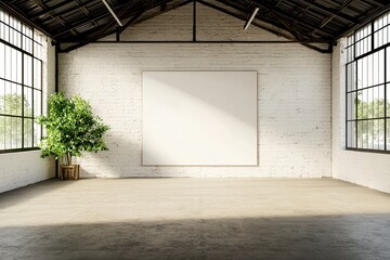 Fototapeta premium Industrial Chic Warehouse Conversion Spacious interior with large windows and blank wall for artwork.