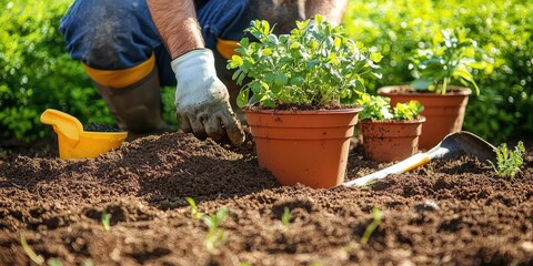 Fototapeta premium A gardener potting plants in fresh soil, with pots and gardening tools arranged nearby.