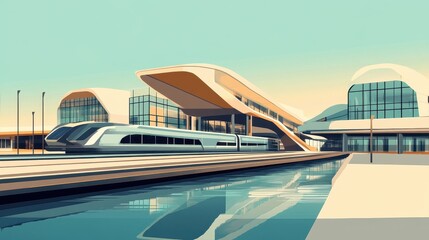 Obraz premium Transport infrastructure development flat design front view smart city architecture water color split-complementary color scheme. 