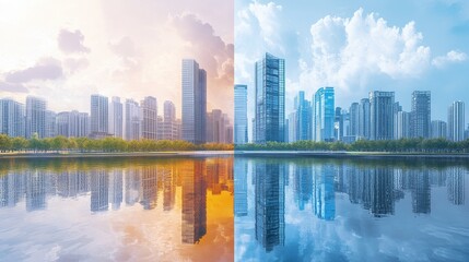 Obraz premium Transport infrastructure development flat design front view smart city architecture water color split-complementary color scheme. 