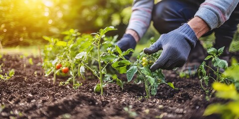 Fototapeta premium A gardener tending to healthy tomato plants in a vegetable patch, ready for harvest.