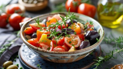 Fresh salad with tomatoes, olives and feta cheese, garnished with herbs, over a background of vegetables and olive oil. Suitable for cooking blogs, healthy eating recipes and product advertising