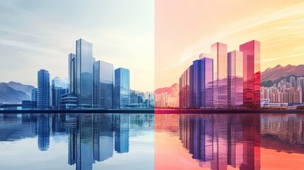 Fototapeta premium Transport infrastructure development flat design front view smart city architecture water color split-complementary color scheme. 