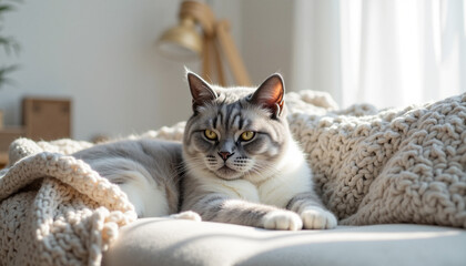 Naklejka premium Relaxed cat lounging on a cozy sofa with knitted blanket
