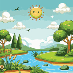 Obraz premium vector illustration cartoon scenery with river, tree, sky in white background 