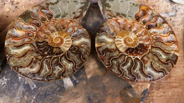 Sliced open natural ammonite mollusc fossil from the Sahara desert in Morocco. 4k footage.
