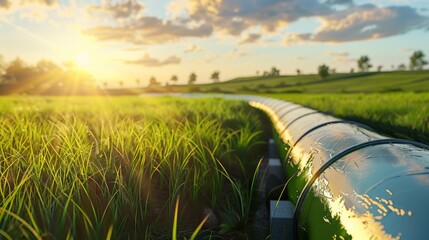 Obraz premium Water pipe in a field with green plants. Ideal for materials about agriculture and water supply.