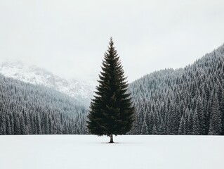Fototapeta premium A solitary evergreen tree stands tall in a snowy landscape, surrounded by mountains, creating a serene winter scene.