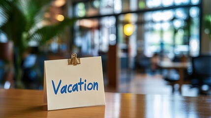 Fototapeta premium A close up view of a vacation notice with blurred out background of a lobby