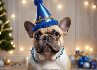 A playful French Bulldog in a blue party hat adorned with glittery decorations , sparkly, birthday, festive