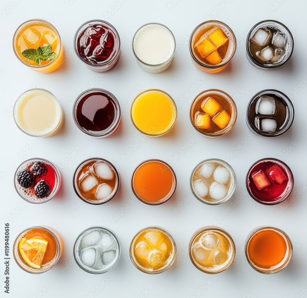 Poster a colorful array of refreshing beverages in glasses displayed on a light background, featuring vario