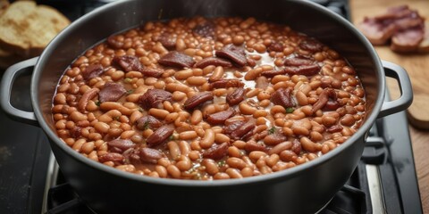 Obraz premium A pot of simmering baked beans with sizzling bacon on the stovetop, hearty stew, savory sauce, cooking beans