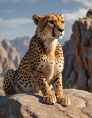 A powerful cheetah sits on a rocky outcropping, its muscles tensed for speed as it surveys its surroundings, natural habitat, African plains, wild cat