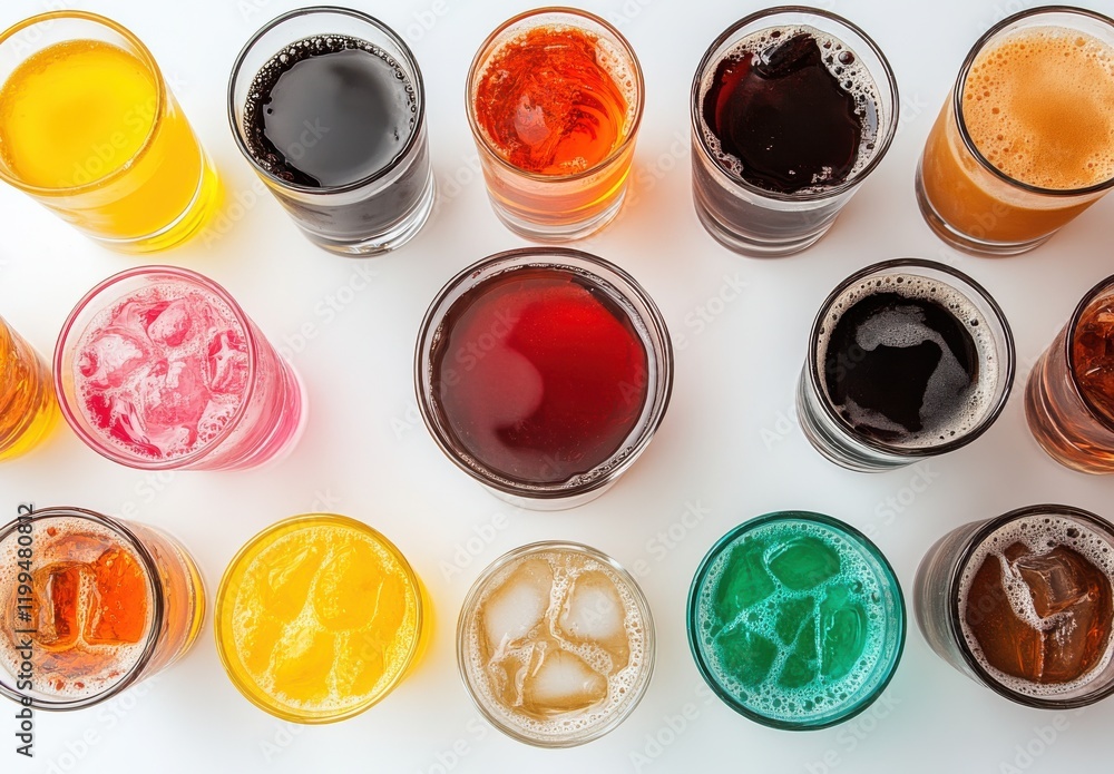 Poster A Colorful Array of Refreshing Beverages in Glasses on a White Background, Featuring Various Colors and Textures of Different Drinks Ready to Be Enjoyed