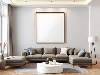 Frame mockup, ISO A paper size. Living room wall poster mockup. Interior mockup with house background. Modern interior design. 3D render