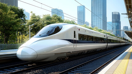 Naklejka premium High-Speed Train in Modern City: Sleek Design, Fast Travel