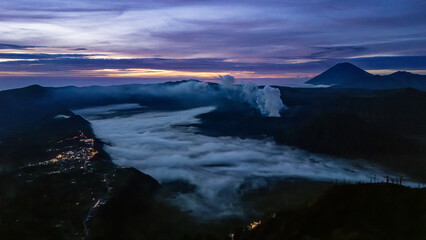 From a drone view at sunrise. Outdoor photo of view of mount Bromo, East Java, Bromo Tengger Semeru National Park, Indonesia.