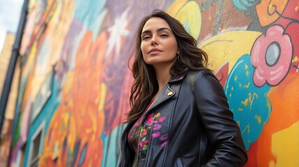 Fototapeta premium stylish woman in a tailored leather jacket, standing in front of a colorful street mural