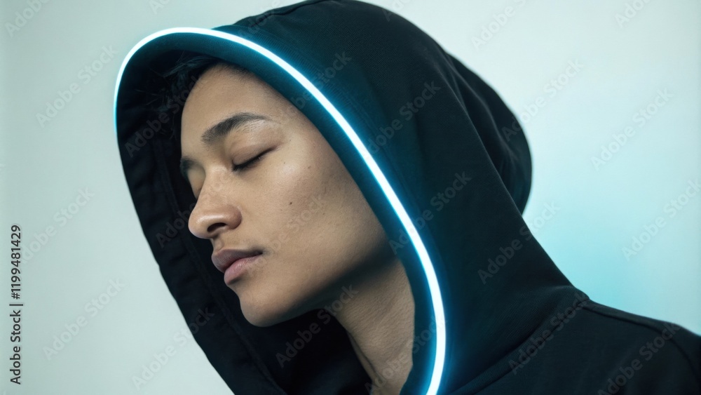 Poster a portrait of an individual with closed eyes beneath which a soft neon line in light blue glows soft