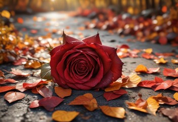 A red rose covered in fallen amber and crimson autumn leaves , golden glow, floral accents, natural textures