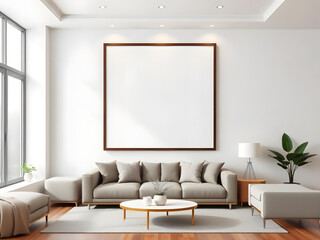 Fototapeta premium Frame mockup, ISO A paper size. Living room wall poster mockup. Interior mockup with house background. Modern interior design. 3D render