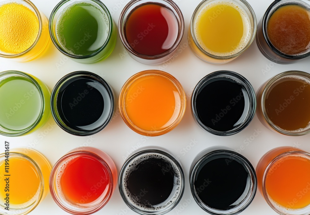 Poster a colorful display of various drinks in glass jars arranged in an aesthetic pattern with diverse col