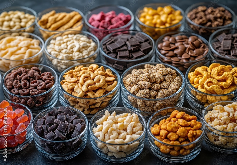 Poster a colorful display of various snack foods in clear glass bowls showcasing an array of textures and f