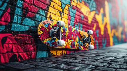 Fototapeta premium Colorful skateboard leaning against a graffiti brick wall.