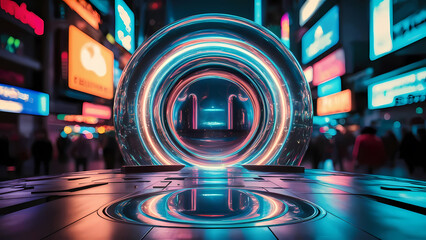 A Glowing Hologram Portal With the Background Showcasing a Bustling Cityscape With a Sense of Wonder and Exploration - Digital Art
