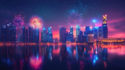 Fototapeta premium A vibrant city skyline illuminated by colorful fireworks at night, reflecting beautifully on the water.