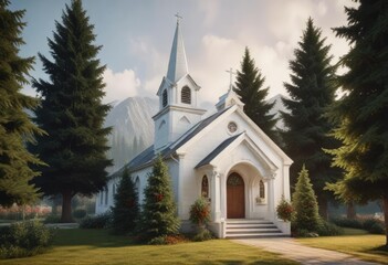 A small white church nestled among evergreen trees and festive holly with a majestic Christmas tree at its entrance , snowflakes, holly decorations, winter church