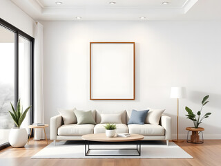 Frame mockup, ISO A paper size. Living room wall poster mockup. Interior mockup with house background. Modern interior design. 3D render