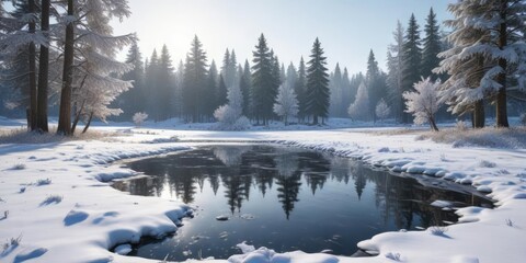 A snow-covered meadow with a frozen pond and trees in the background , serene, snowy meadow, natural landscape