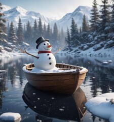 Fototapeta premium A snowman sits in a snow-covered boat with snowflakes gently falling around him as he drifts on the snowy lake, snowman boat, snowy surroundings
