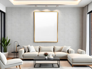 Fototapeta premium Frame mockup, ISO A paper size. Living room wall poster mockup. Interior mockup with house background. Modern interior design. 3D render