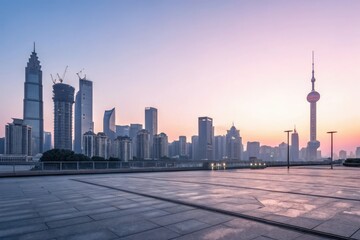Fototapeta premium A soft pink light bathes a serene futuristic cityscape at dawn, urban, glowing