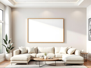 Frame mockup, ISO A paper size. Living room wall poster mockup. Interior mockup with house background. Modern interior design. 3D render