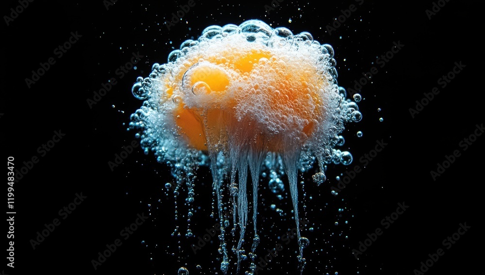 Poster a vibrant egg surrounded by bubbles emphasizing the intriguing interaction of organic and inorganic 