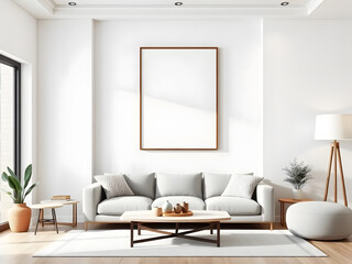 Frame mockup, ISO A paper size. Living room wall poster mockup. Interior mockup with house background. Modern interior design. 3D render