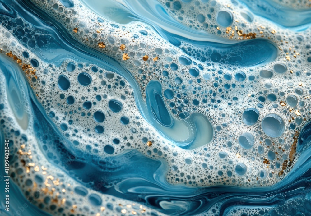 Poster abstract blue and white fluid with bubble patterns and gold accents in a captivating flowing design 