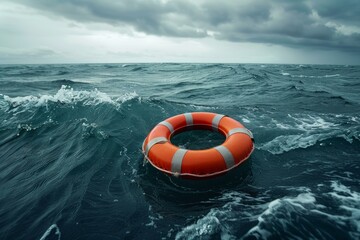 Naklejka premium Orange life preserver floating on a rough sea under a stormy sky, providing a symbol of hope and rescue in a dangerous situation