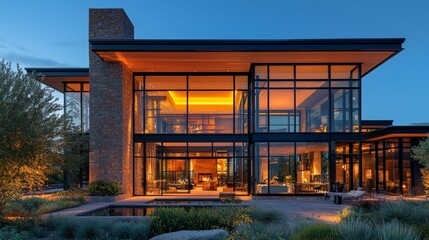 Obraz premium Modern Glass House at Twilight with Warm Illumination