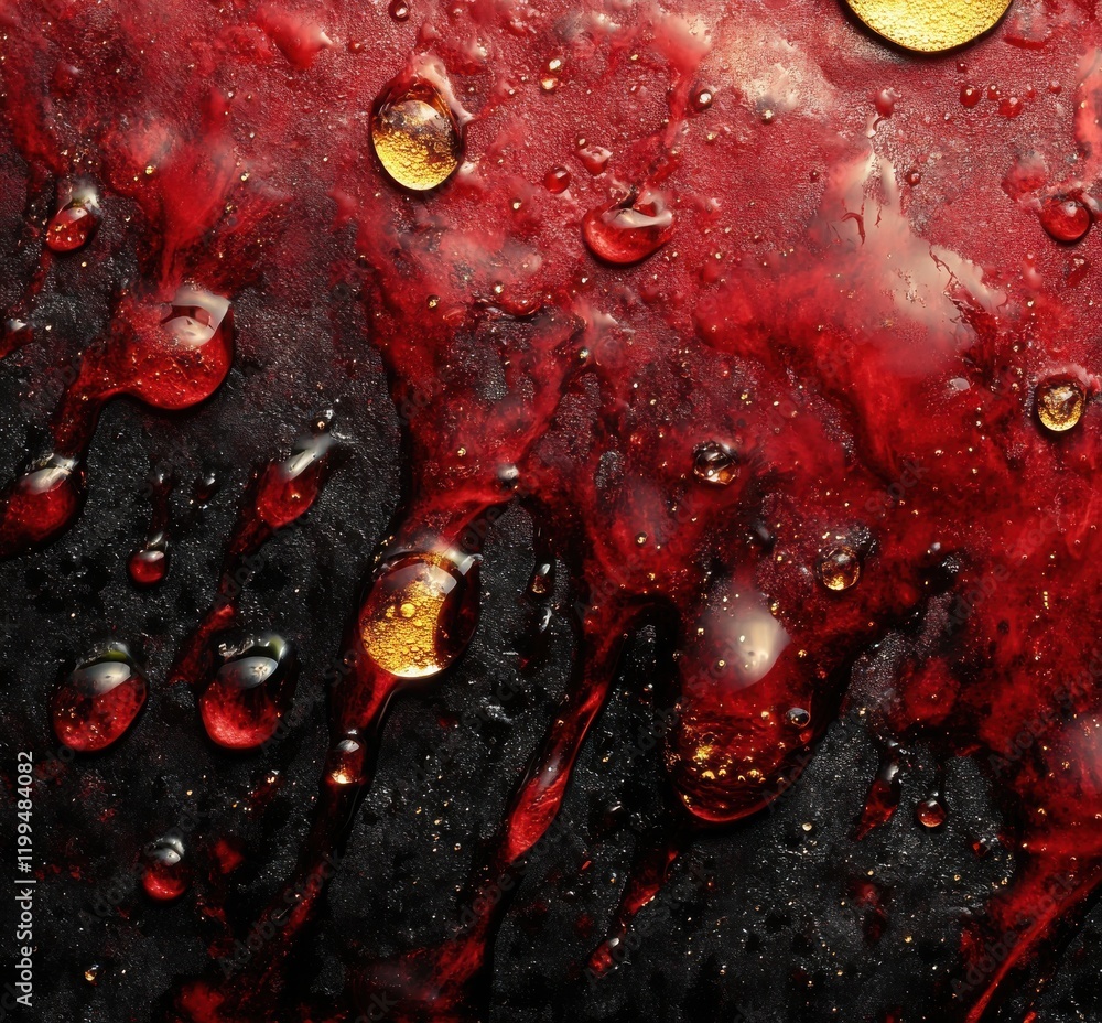 Aufkleber abstract close-up image of vibrant red and black liquid textures with shiny droplets, creating a str