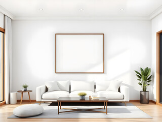 Frame mockup, ISO A paper size. Living room wall poster mockup. Interior mockup with house background. Modern interior design. 3D render