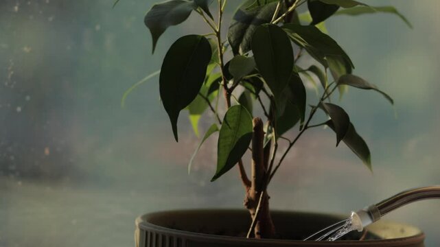 Watering the ficus on the window