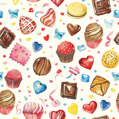 Seamless Delightful seamless watercolor pattern of chocolates and sweets