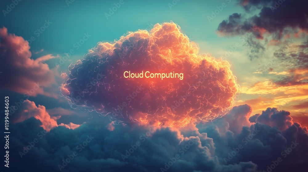 Poster cloud with 'cloud computing' text symbolizes it modernization and digital transformation.